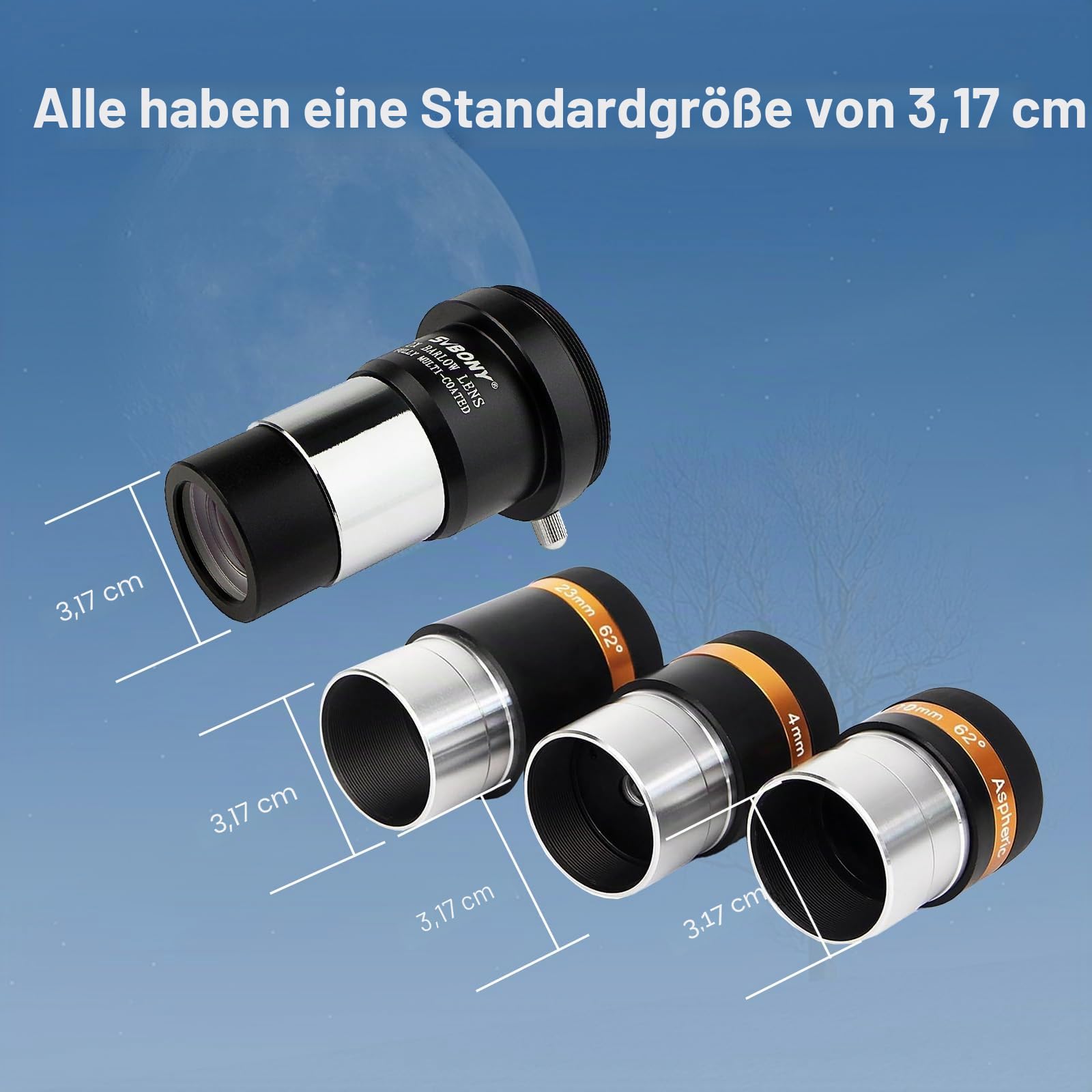 SVBONY Okular Kit 1,25" 4/10/23mm 62° + Barlow 2x