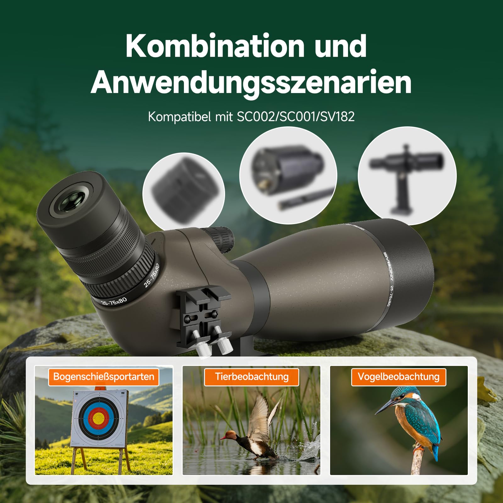 SVBONY SV29 Spektiv 25-75x80 mit Stativ Smartphone-Adapter