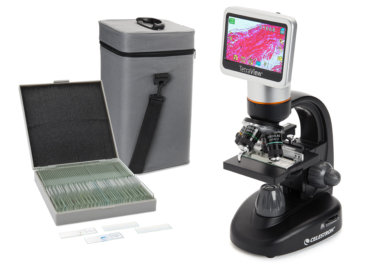 Celestron TetraView LCD Digitalmikroskop 40-600x mit 100 Objektträgern