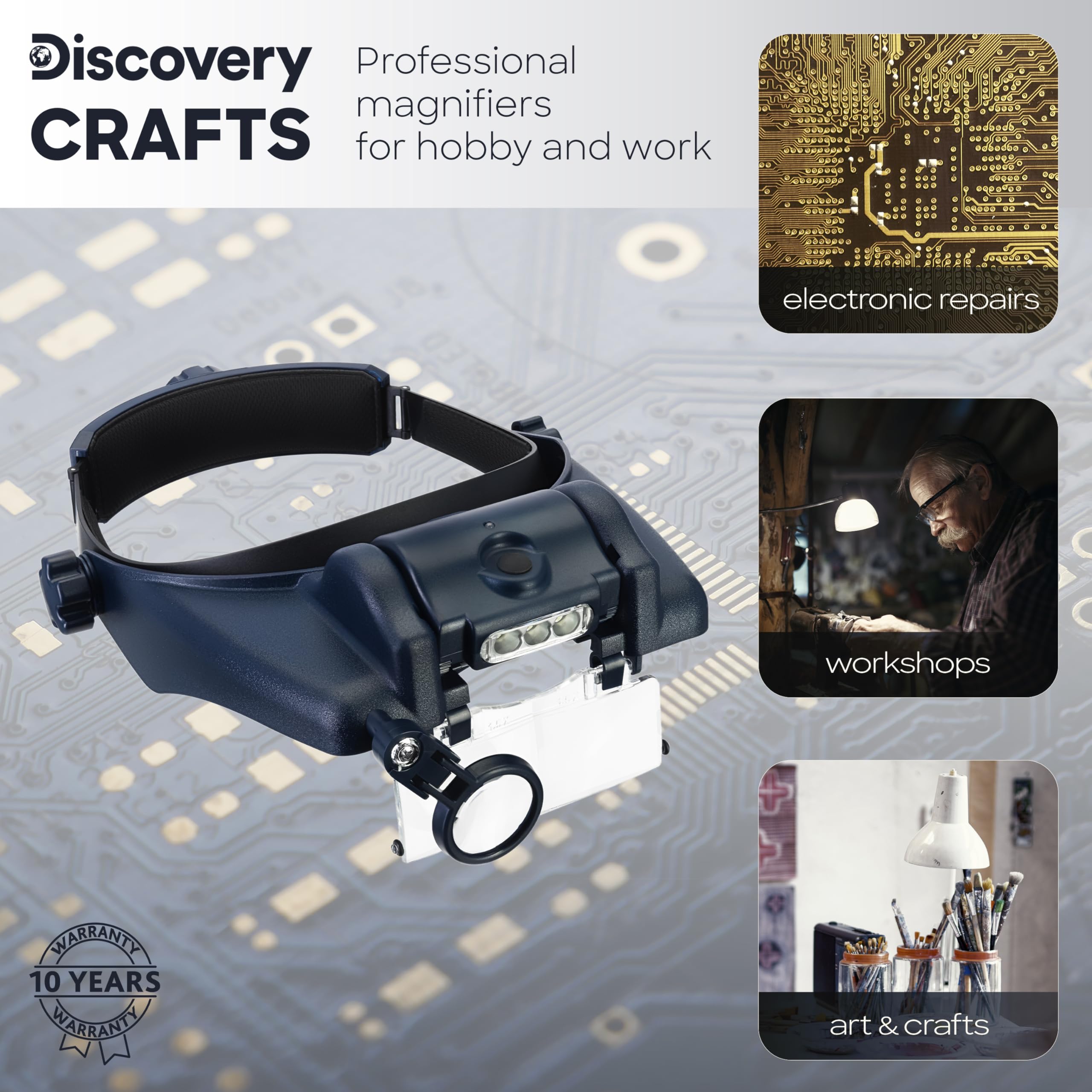 Discovery Crafts DHR 10 Kopflupe LED Akku Wechselgläser 8-fach