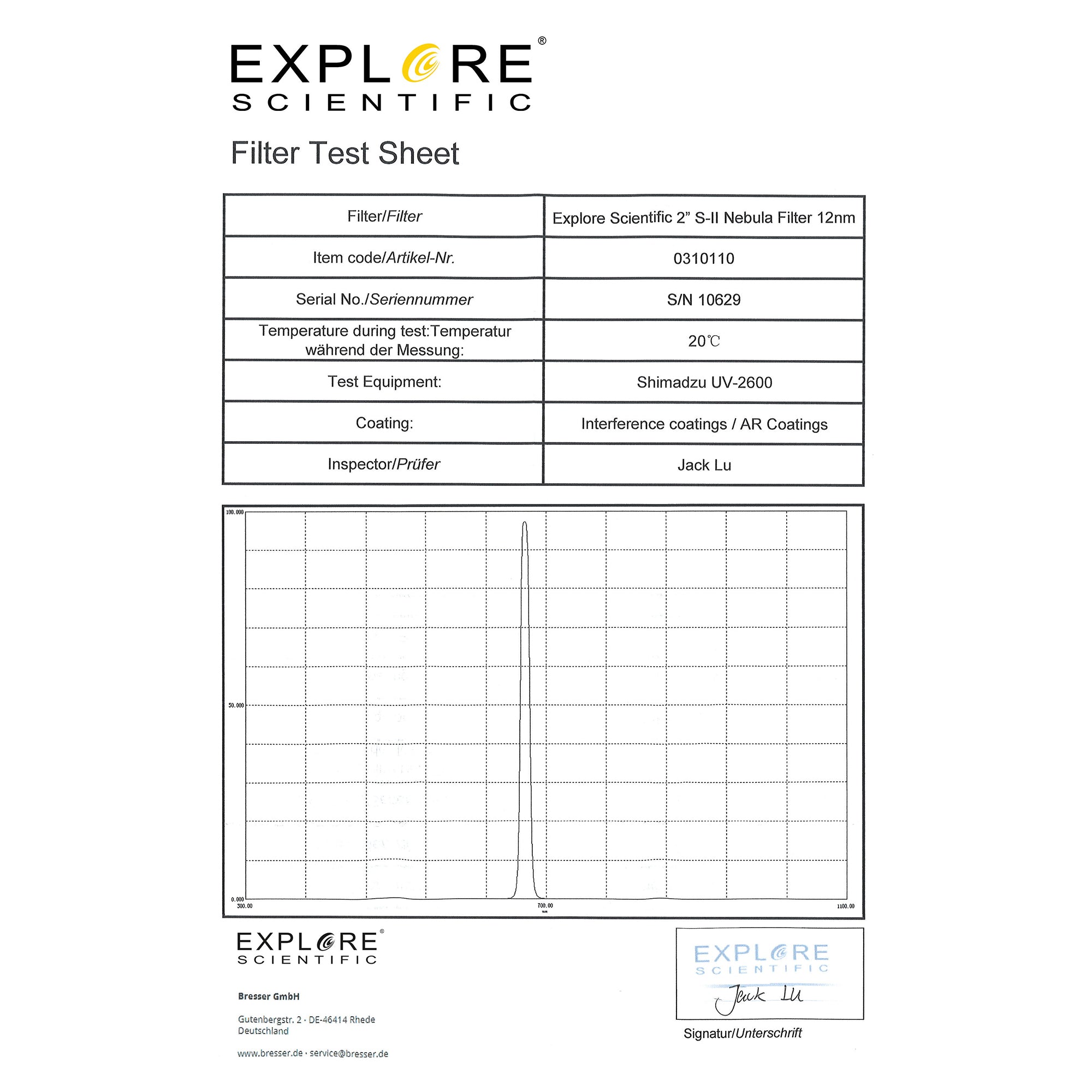 Explore Scientific S-II 12nm Nebelfilter 2 Zoll Schwefel 672nm