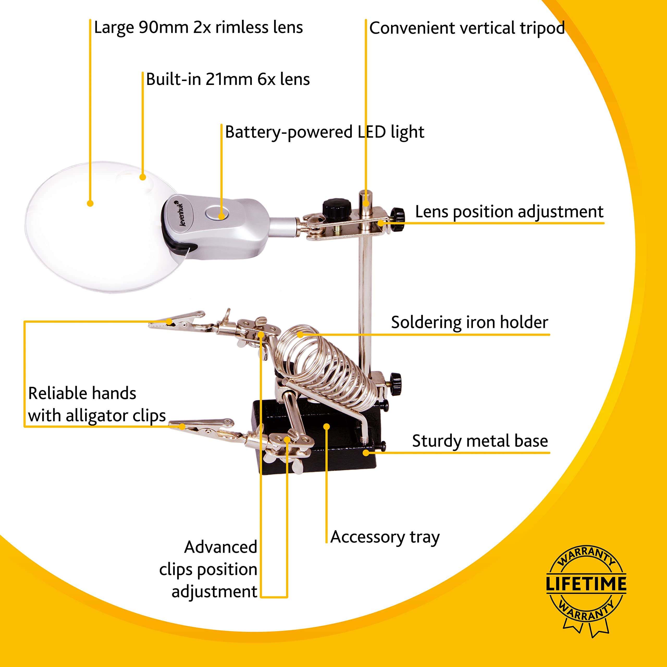 Levenhuk Zeno Refit ZF19 Lötlupe LED Dritte Hand 2x/6x