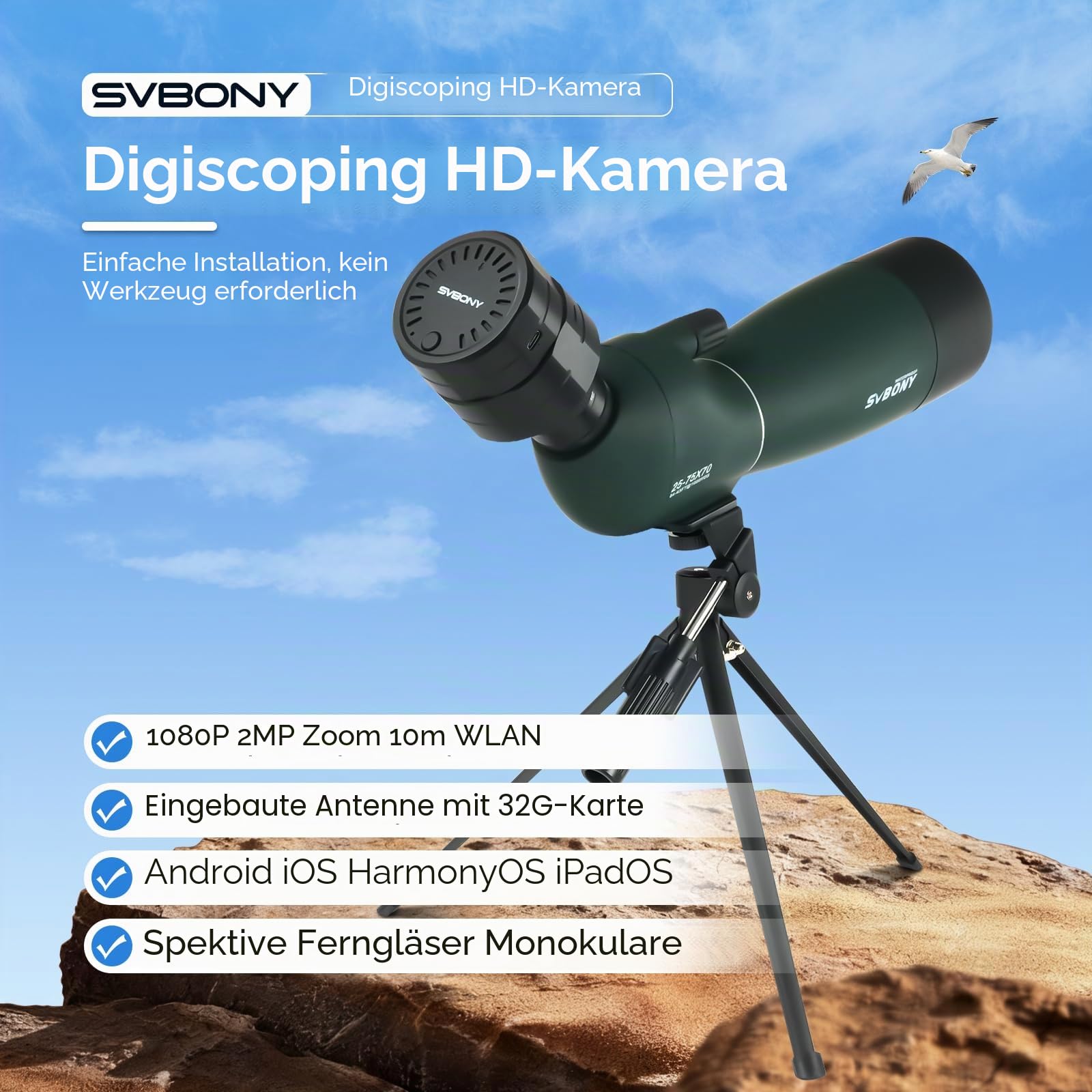 Svbony SV28 25-75x70 Spektiv mit WiFi-Kamera und Stativ