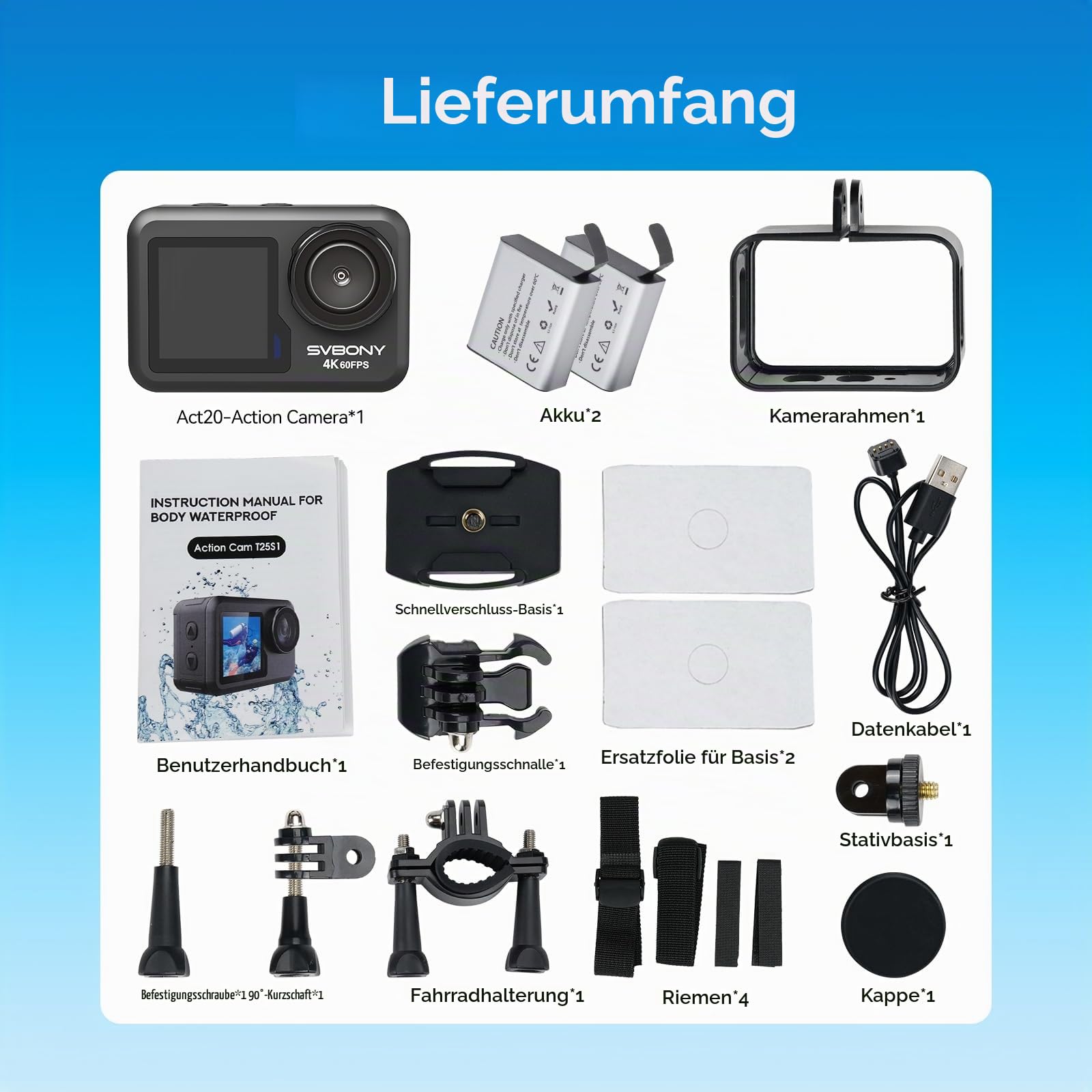 Svbony ACT20 4K 60FPS Actioncam Dual-Display 12m