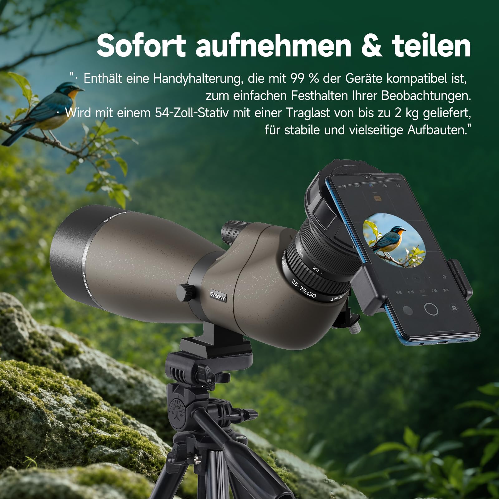SVBONY SV29 Spektiv 25-75x80 mit Stativ Smartphone-Adapter