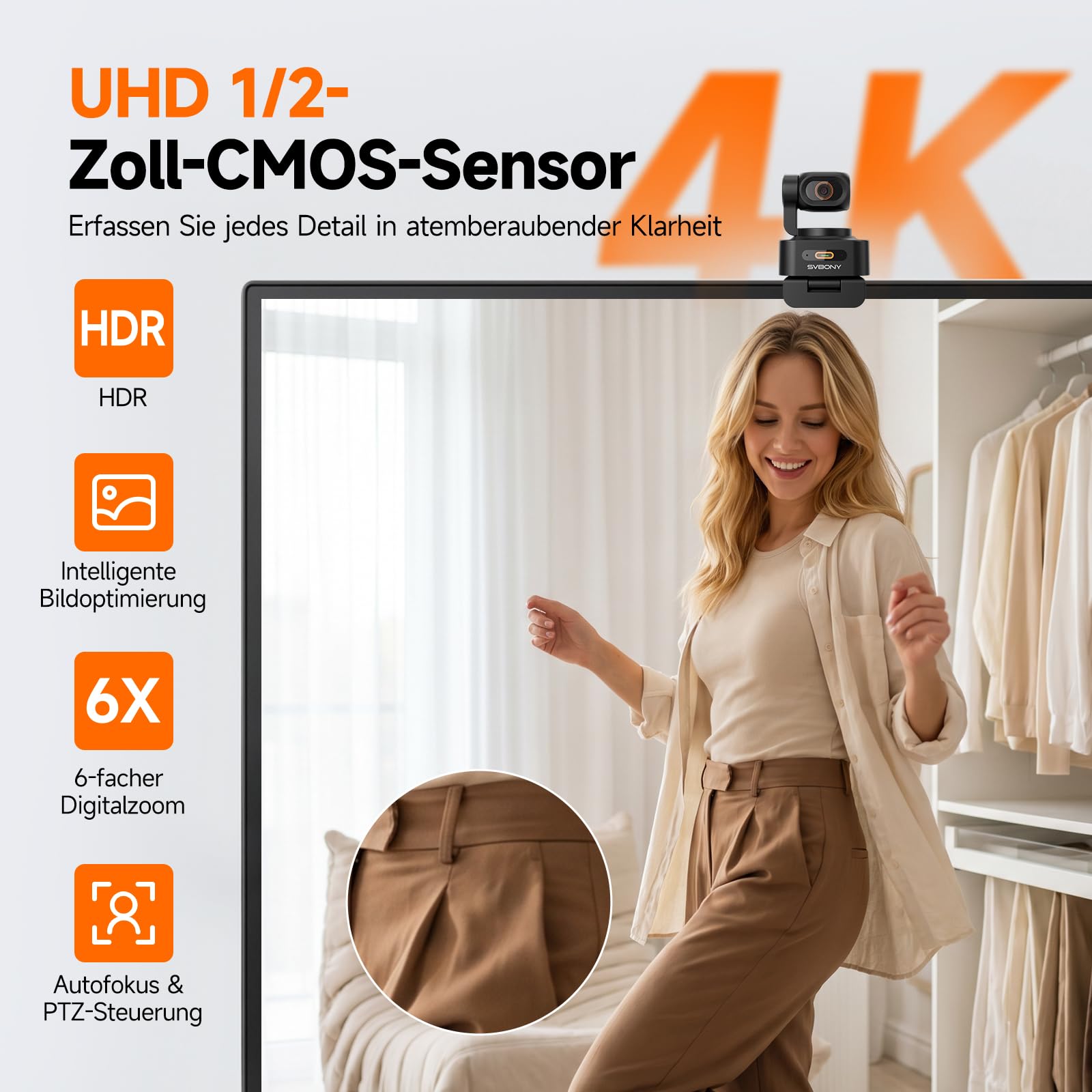 SVBONY W2 4K PTZ Webcam mit Standfuß 6-fach Zoom