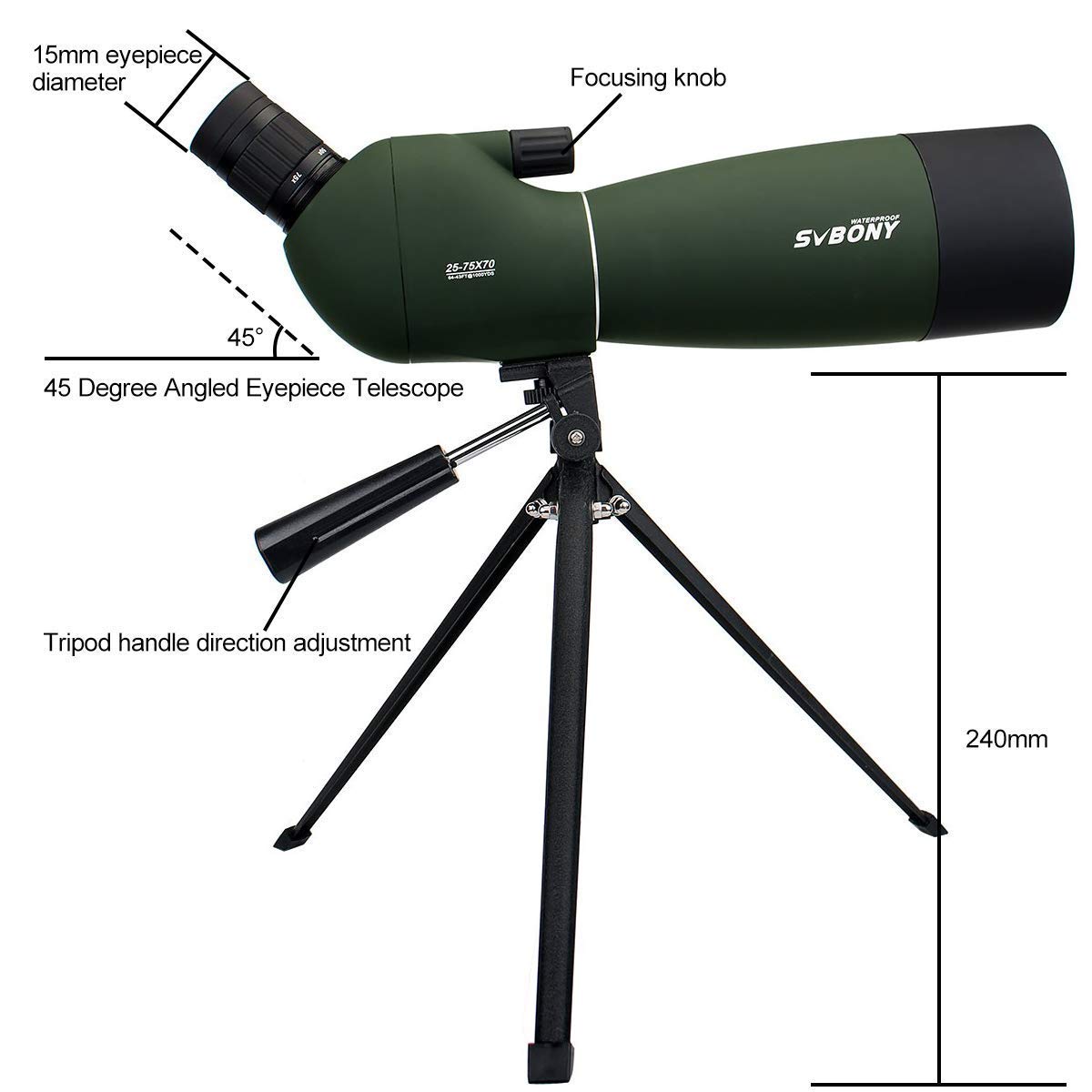 Svbony SV28 HD Spektiv 25-75x70 Grün mit Stativ