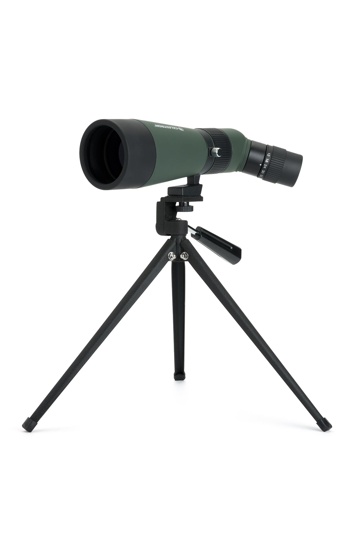 Celestron LandScout 12-36x60 Spektiv abgewinkelt mit Stativ