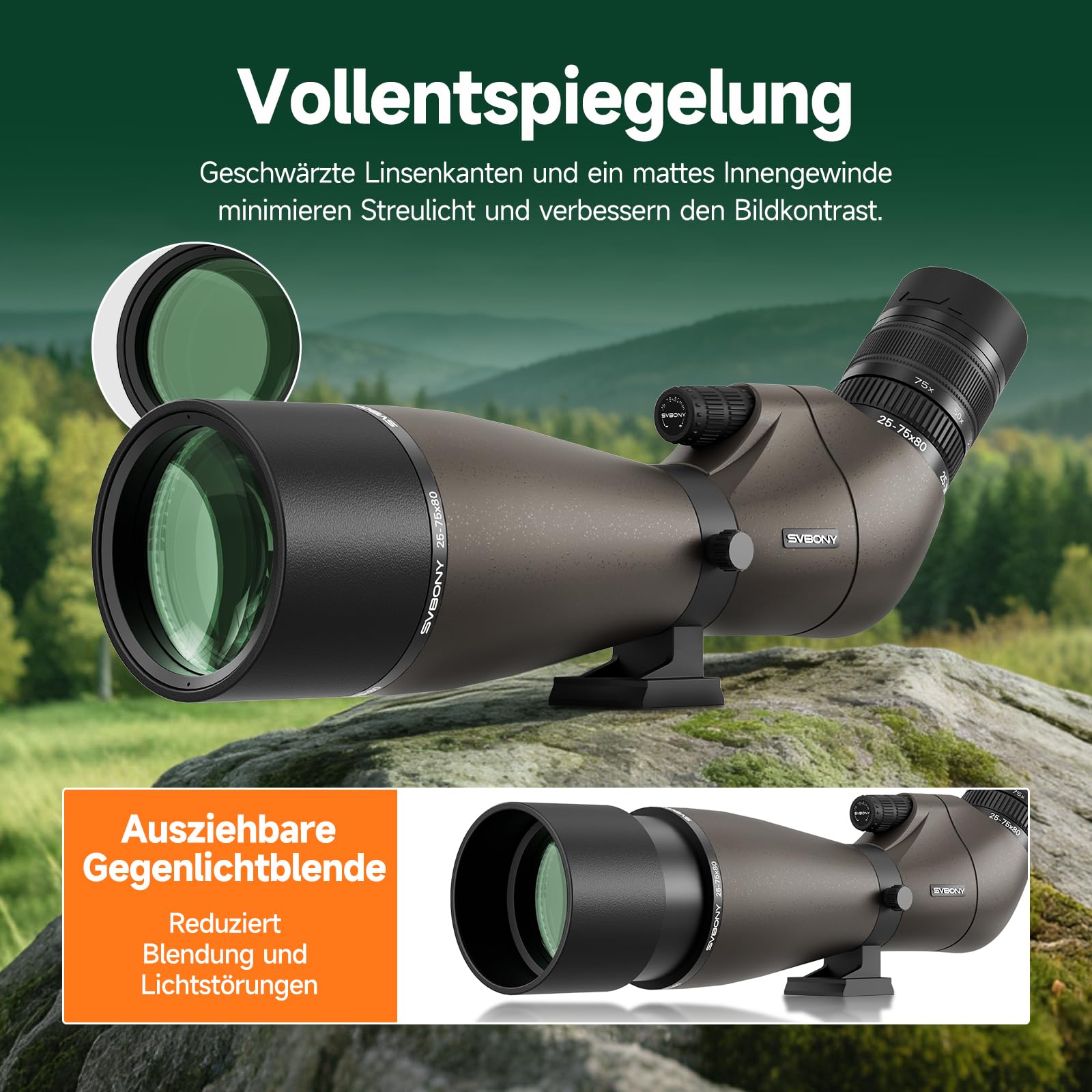 SVBONY SV29 Spektiv 25-75x80 mit Stativ Smartphone-Adapter