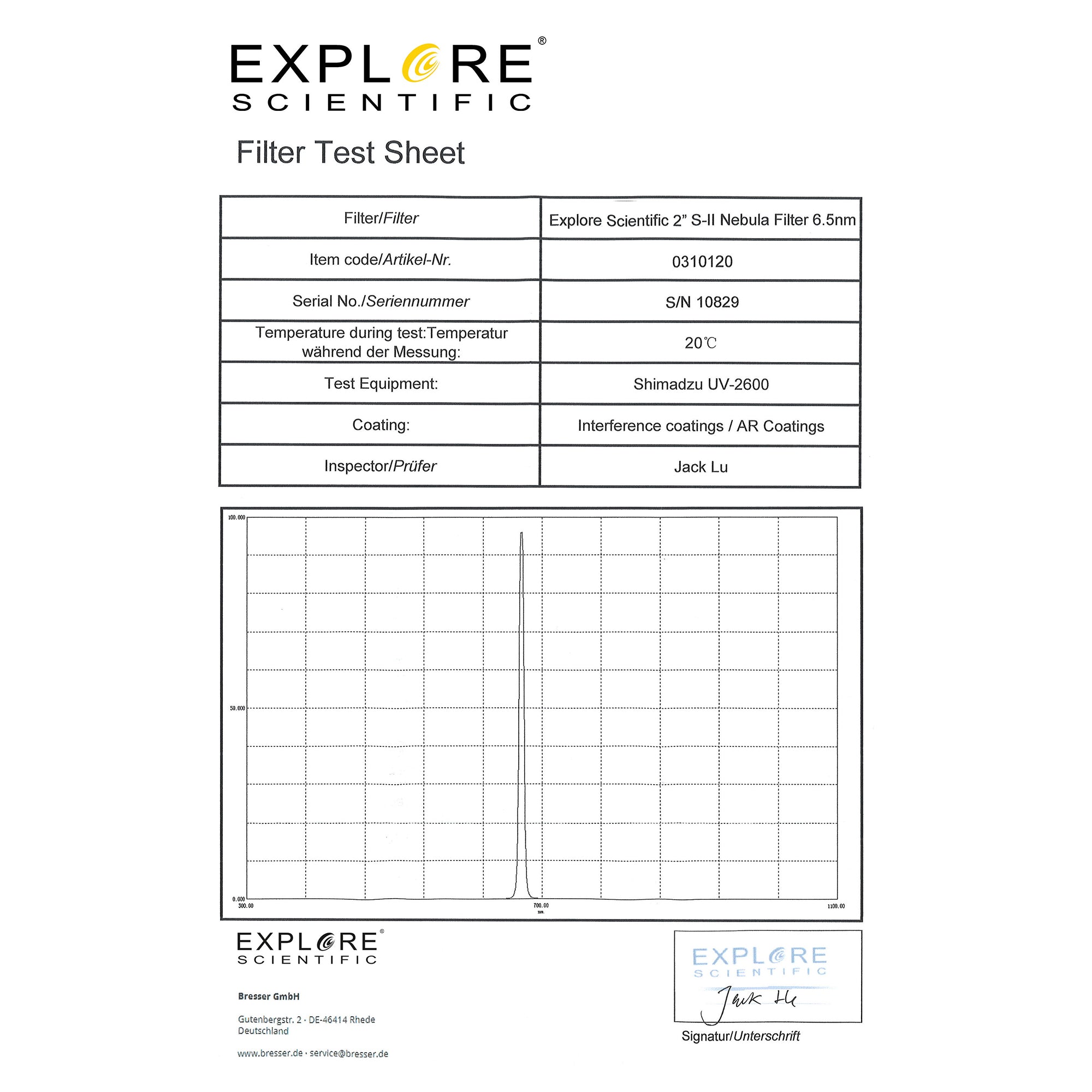 Explore Scientific S-II Nebelfilter 2 Zoll 6,5 nm 672 nm